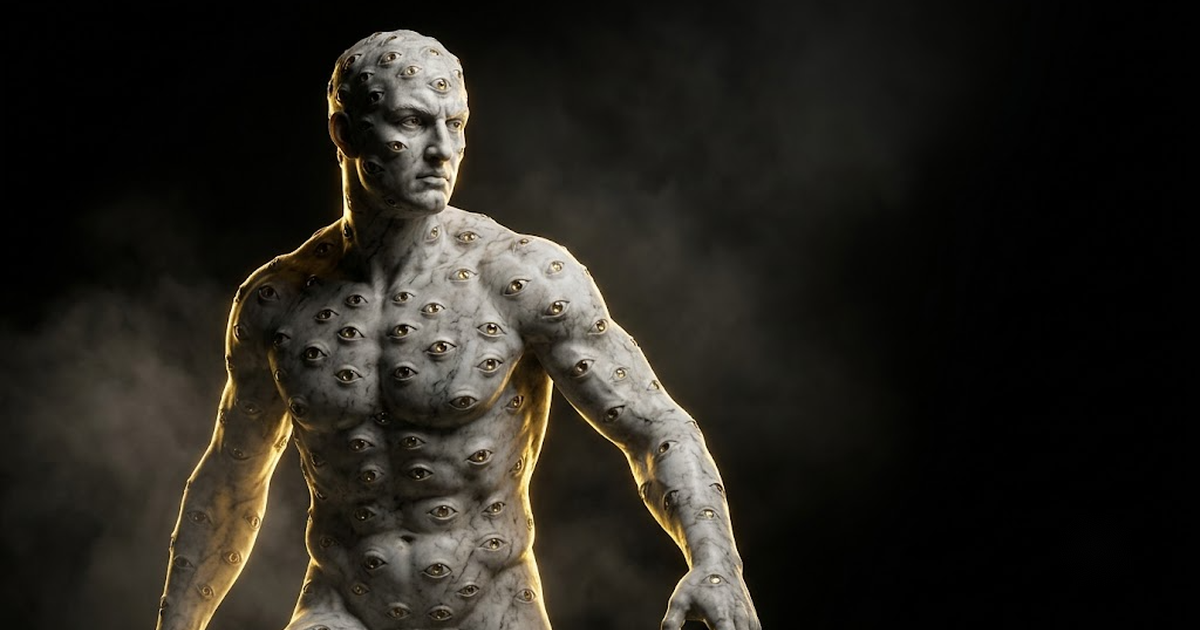 A colossal marble statue of the many-eyed giant Argus Panoptes standing watch, gold light across his form against black.