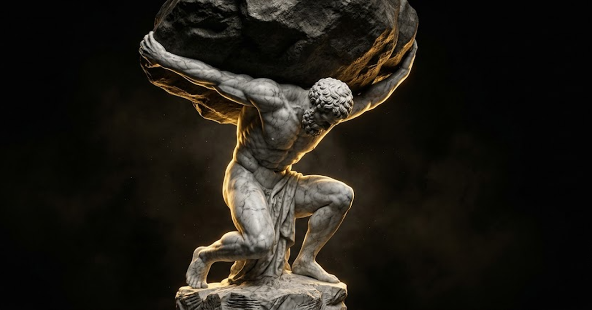A colossal marble statue of Atlas straining to hold a vast structural load above his shoulders in golden light against a black background