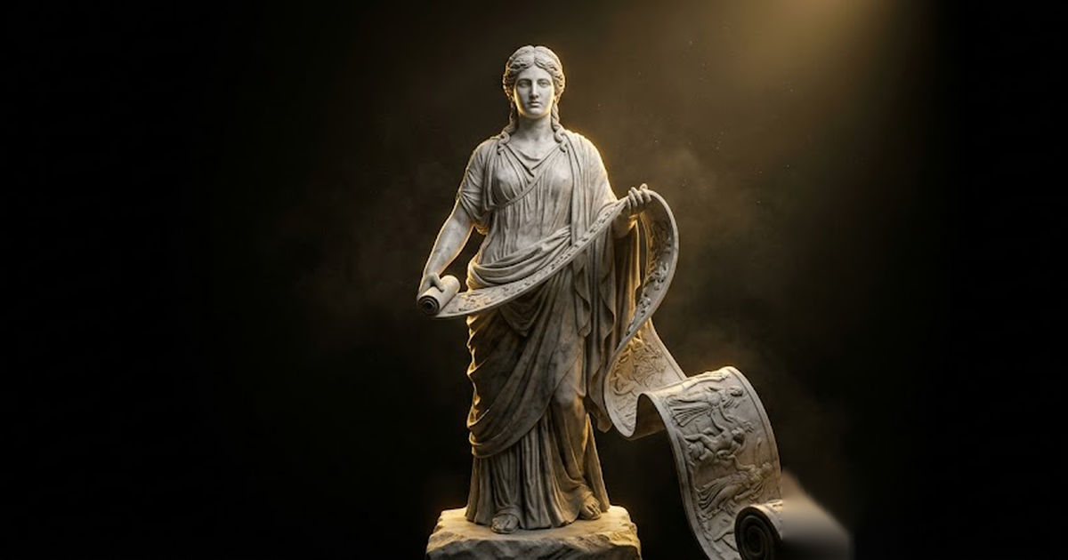 A colossal marble statue of Mnemosyne holding a scroll, gazing downward with solemn memory, lit in gold against a black void