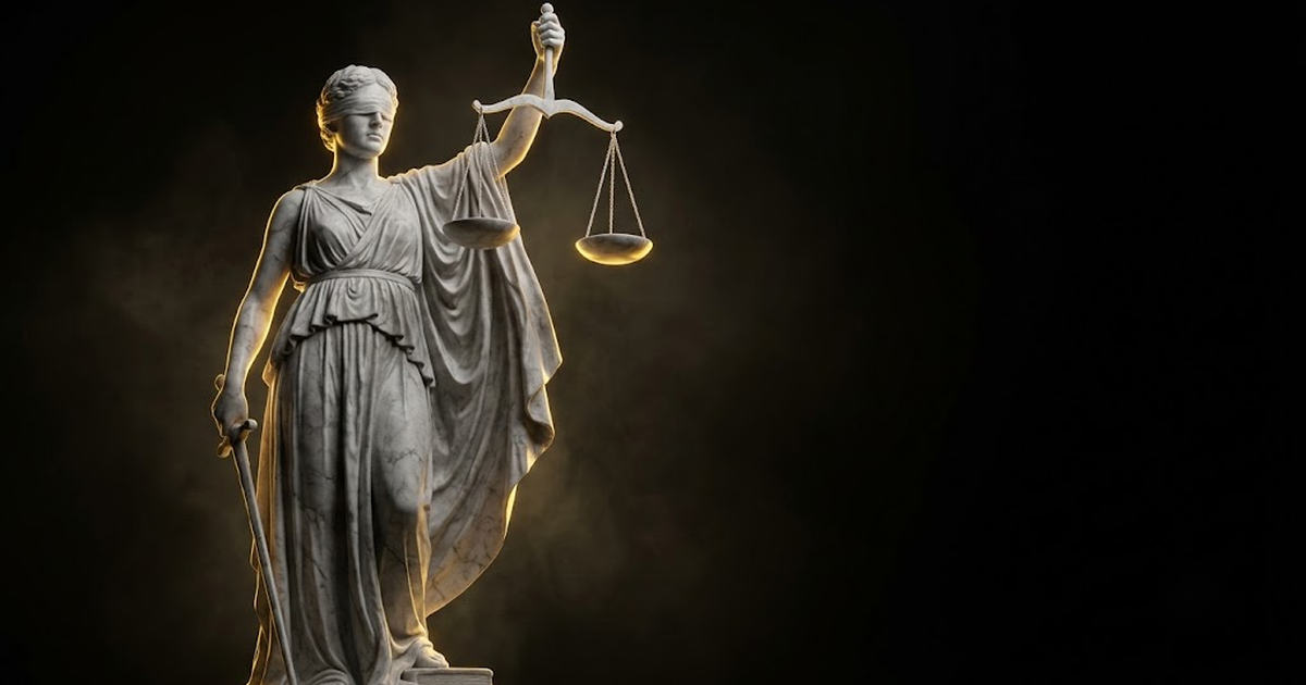 A colossal marble statue of Themis holding balanced scales with a blindfold, standing resolute in golden light against a black void