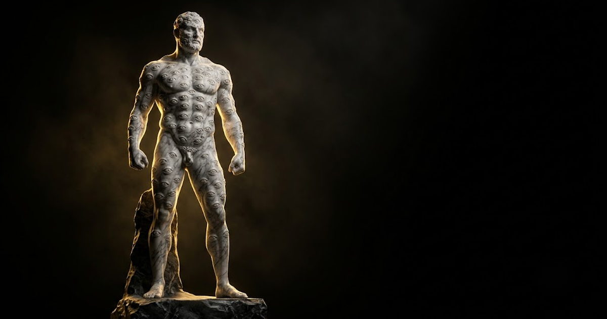 A colossal marble statue of Argus Panoptes covered in watchful eyes, standing guard in golden light against a black void