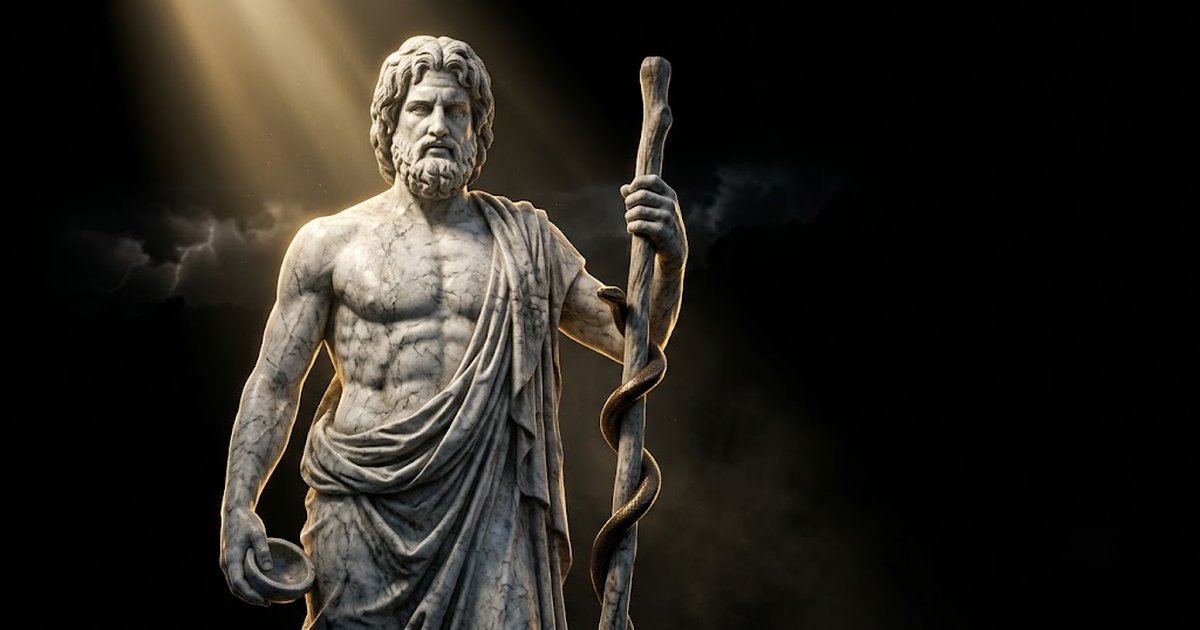A colossal marble statue of Asclepius standing with a serpent coiled around a tall staff, lit by gold light against a black background.