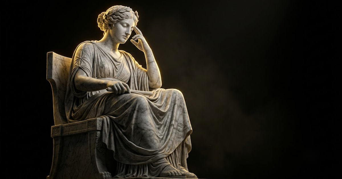 A colossal marble statue of Mnemosyne with her eyes closed and a hand raised to her temple, illuminated by gold light on a black background.