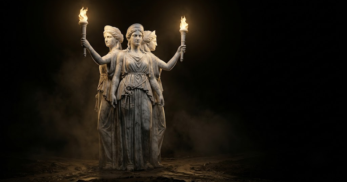 A colossal marble statue of a many-armed Hecate holding torches aloft at a crossroads, lit by gold light against a black background.