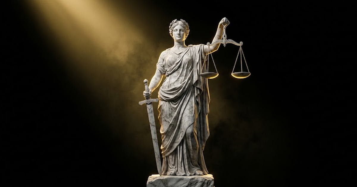 A colossal marble statue of Themis holding upright scales, blindfolded and composed, illuminated by gold light on a black background.
