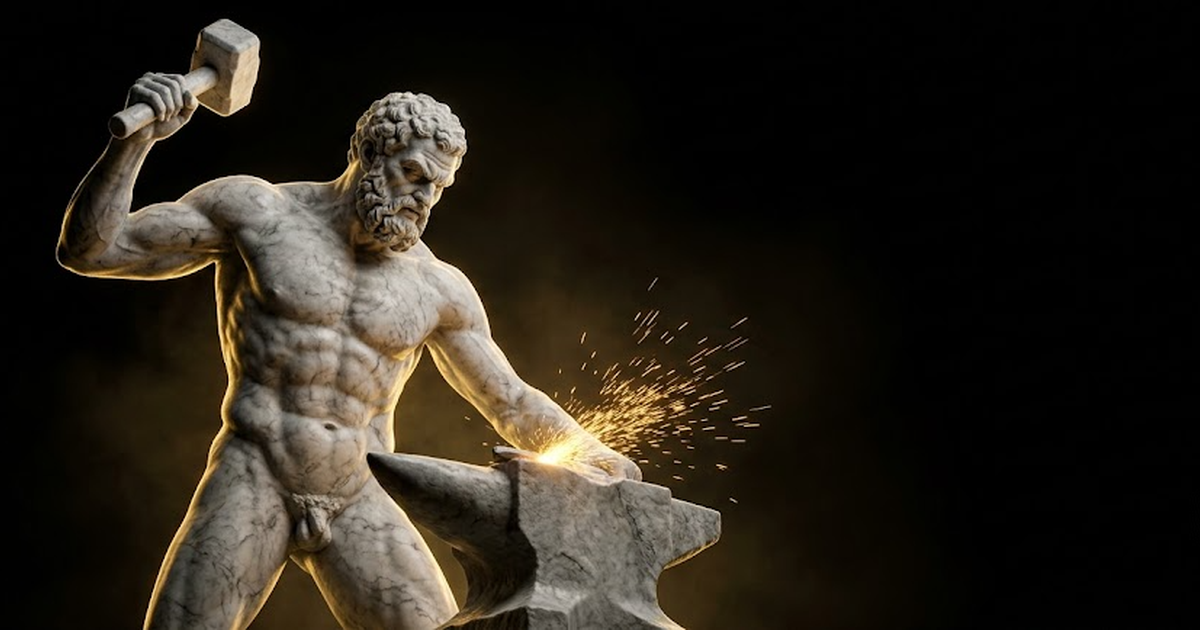 A colossal marble figure of Hephaestus striking an anvil with sparks of gold light against a black background