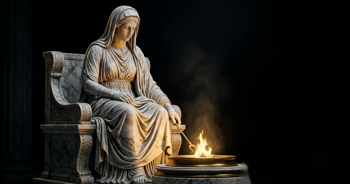 A colossal marble figure of Hestia seated guarding a low flame in gold light against a black background