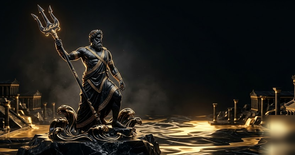 Cinematic Greek pantheon scene, Poseidon as a god of black marble and satin gold standing over a glowing golden harbour, trident raised, void-black background, dramatic chiaroscuro lighting, no text, 