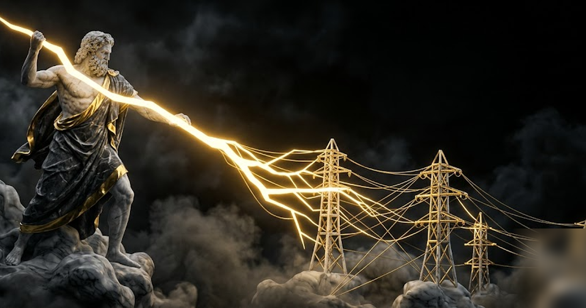 Zeus hurling a luminous golden bolt that resolves into a power grid lattice, rendered in black marble and gold leaf, storm-dark void, cinematic single light source, no text, no UI, frameless, no water