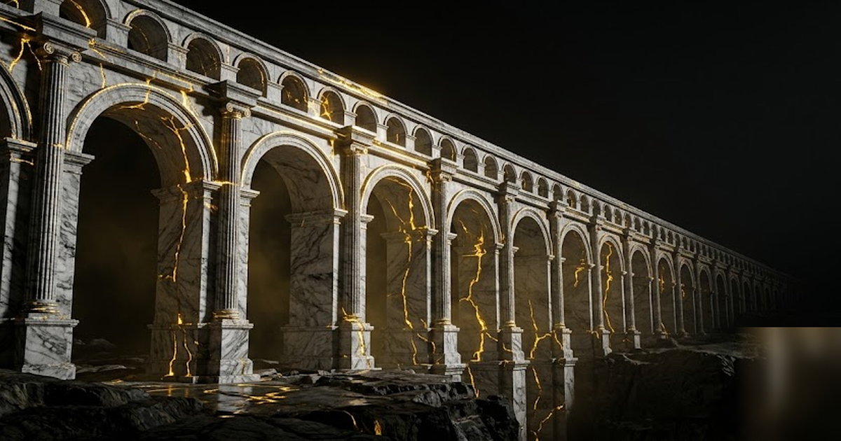 A vast Greek black-marble dam or aqueduct glowing with veins of liquid gold, classical engineering grandeur dissolving into shadow, satin-gold and void-black palette, cinematic, no text, no charts, fr