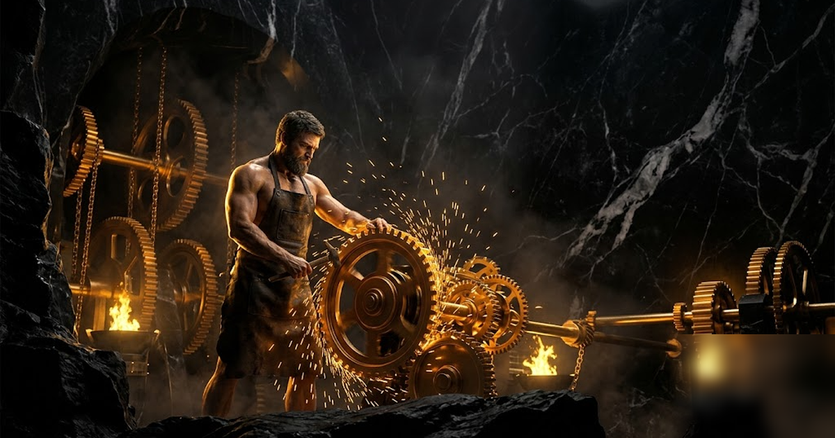 Hephaestus tending a network of golden gears and turbines inside a black marble cavern, sparks of gold against pure black, classical anatomy, dramatic lighting, no text, no people in offices, frameles