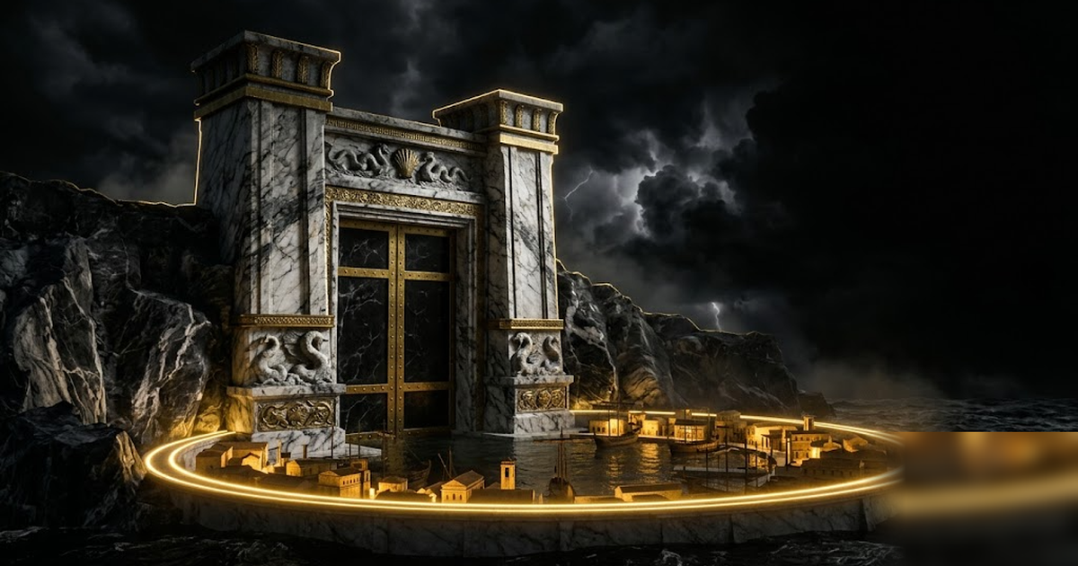 A sealed black marble sea-gate guarding a golden port, an unbroken ring of light around the harbour wall, stormy void sky, cinematic and severe, satin-gold and void-black, no text, no UI, frameless, n