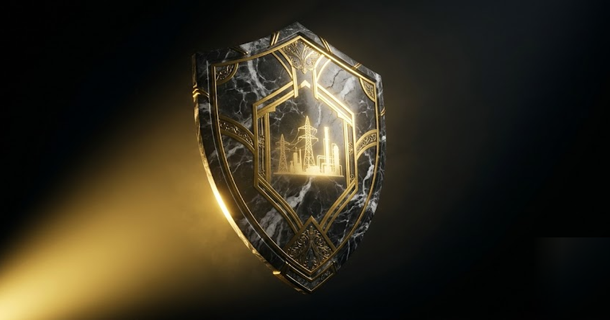 The Aegis shield rendered in black marble inlaid with luminous gold, shielding a faint golden silhouette of pylons and pipelines, floating in void, single dramatic beam of light, cinematic, no text, n