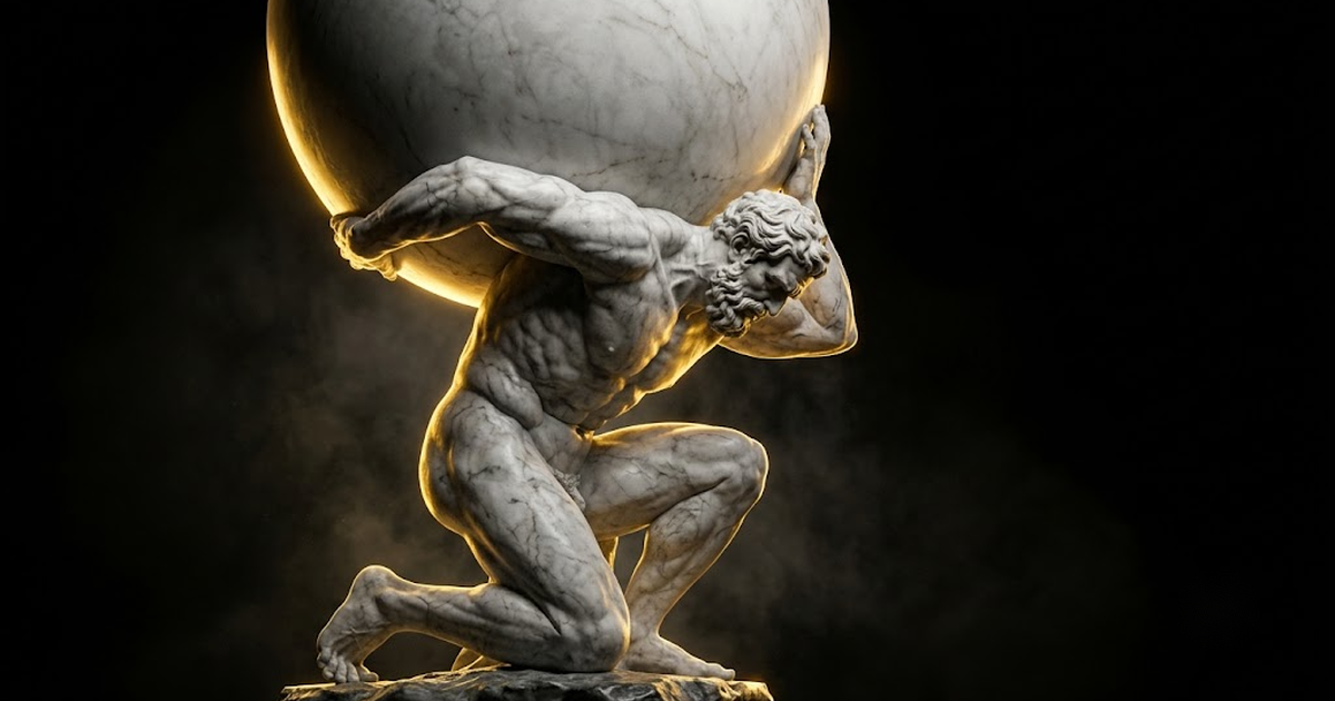 A colossal marble figure of Atlas straining to hold an immense sphere on his shoulders against a black void