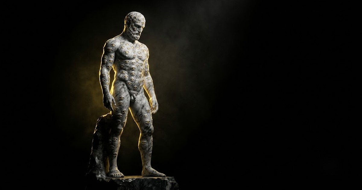 A colossal marble figure of the hundred-eyed giant Argus standing sentinel in darkness