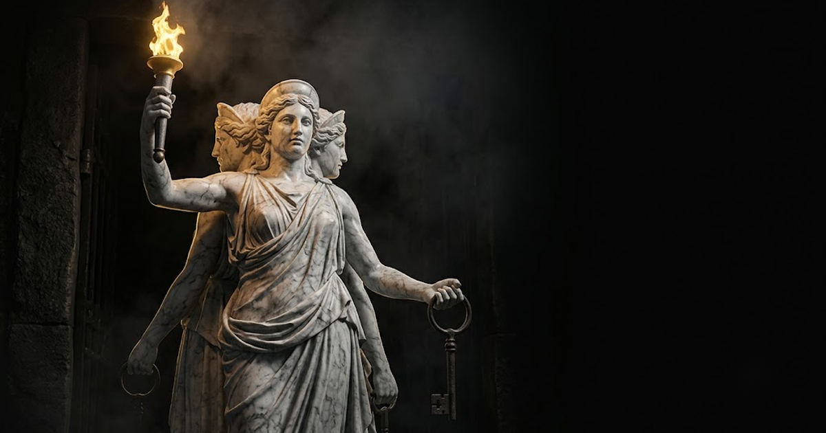 A colossal marble figure of Hecate holding raised keys and a torch at a threshold in darkness