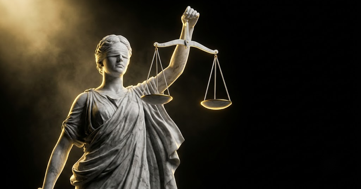 A colossal marble figure of Themis blindfolded holding balanced scales aloft in darkness