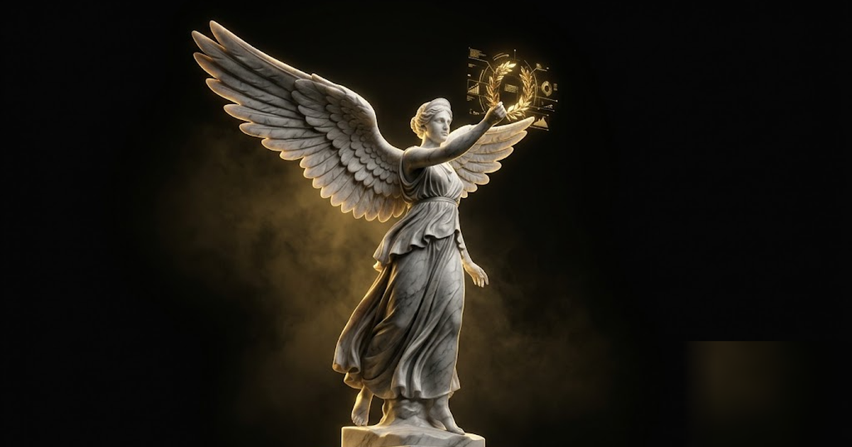 Cinematic Greek pantheon scene, the goddess Nike of victory carved in black marble holding a golden laurel that pulses with athletic data, void-black background, satin-gold light, frameless, no text, 