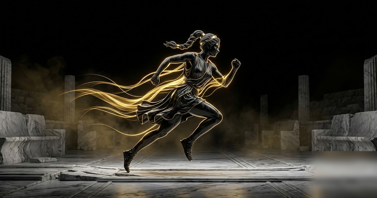 Atalanta the swift runner mid-stride rendered in obsidian and gold, golden biometric traces flowing from her form but contained inside a marble arena, void-black background, cinematic, frameless, no t