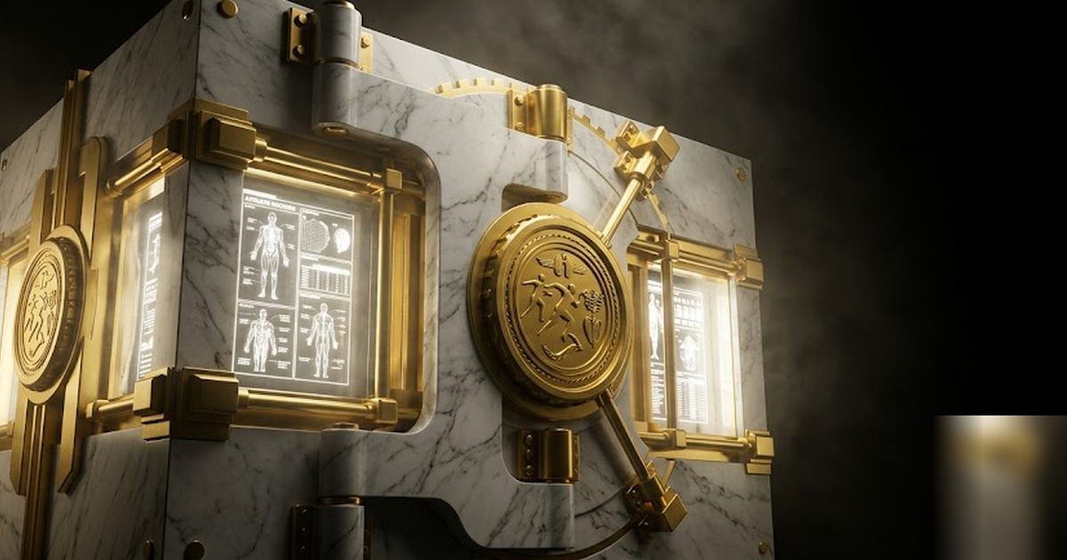 A black marble medical vault sealed with golden seals, glowing athlete records held inside, void-black background, satin-gold accents, dramatic light, cinematic and frameless, no text, no people, no U