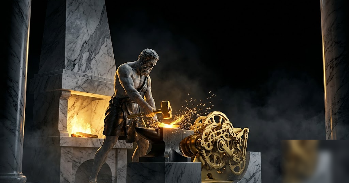Hephaestus forging a golden mechanism of performance inside a black-marble workshop, sparks of gold contained within the walls, void-black background, cinematic, frameless, no text, no people, no UI, 