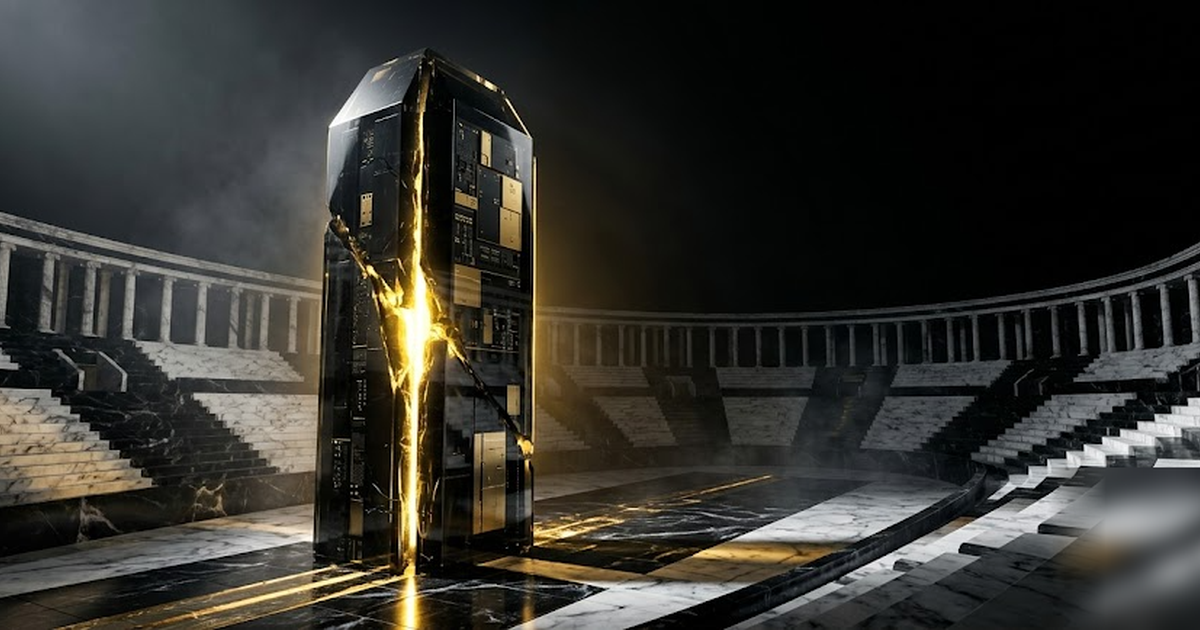An obsidian server monolith at the centre of a Greek stadium of black and gold marble, golden light sealed within, void-black background, cinematic and frameless, no text, no people, no UI, no charts,