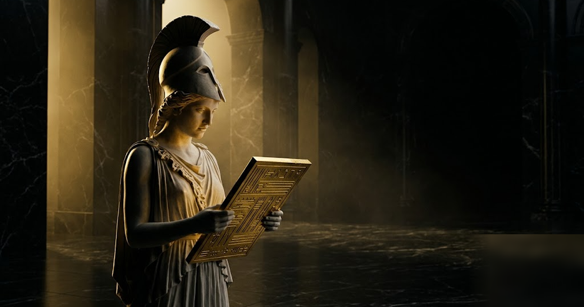 Athena studying a golden tablet of an audit record in a void-black marble hall, satin-gold light, cinematic and frameless, no text, no people in offices, no UI, no charts, no watermark