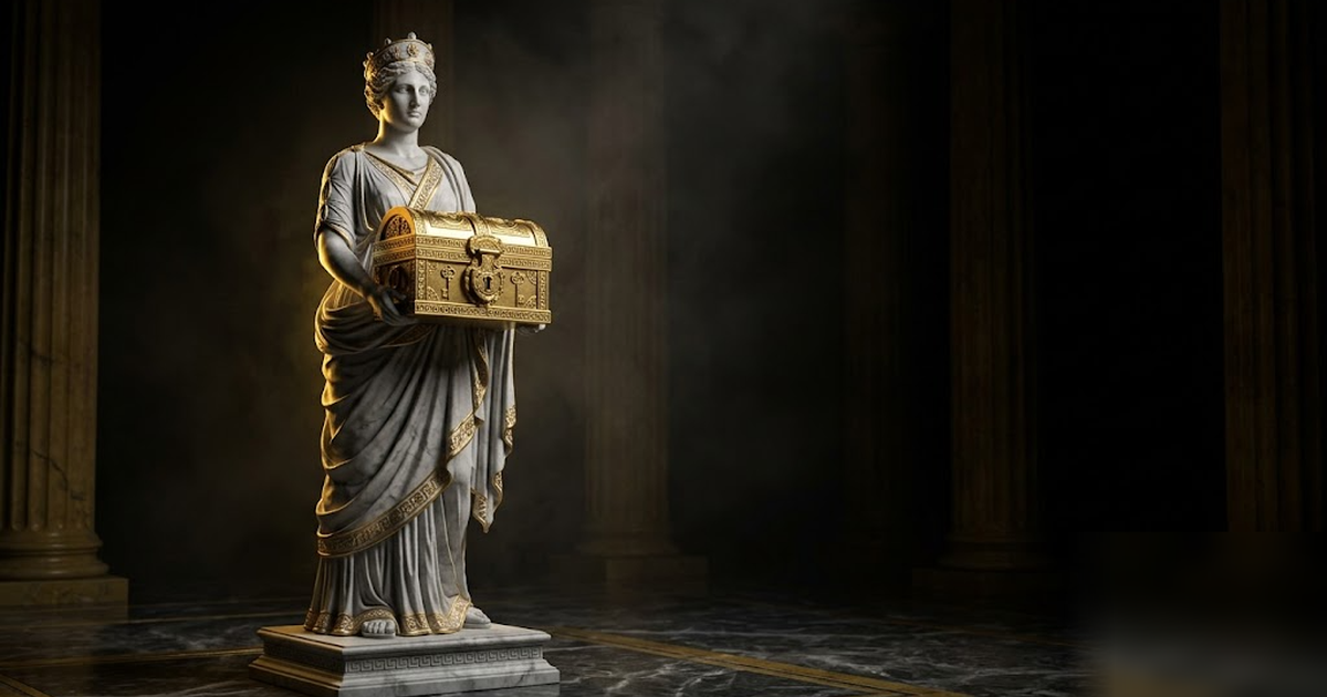 Cinematic Greek pantheon scene, the goddess Tyche holding a sealed golden vault of scrolls representing private wealth, void-black background and satin-gold marble, dramatic chiaroscuro lighting, fram