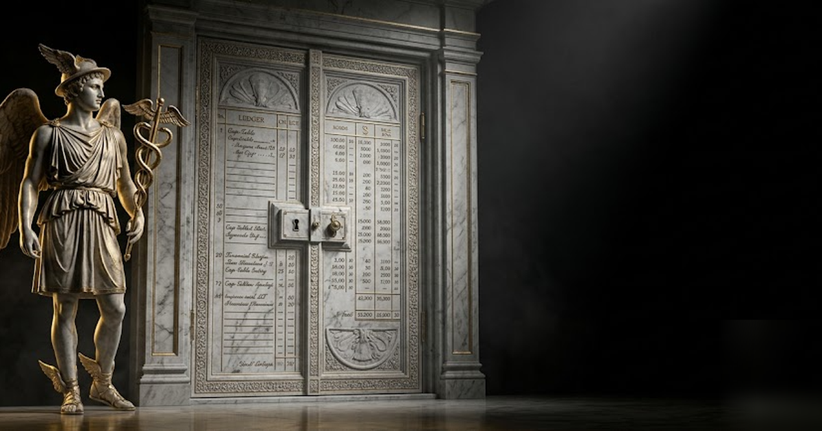 A mythic figure of Hermes guarding a closed marble strongroom carved with cap-table ledgers, void-black and satin-gold palette, cinematic museum lighting, frameless, no text, no UI, no charts, no wate