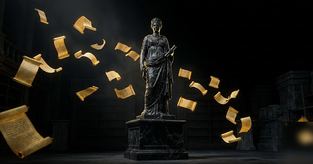 Goddess Mnemosyne in black marble surrounded by floating golden scrolls of memos and diligence records, an air-gapped library, void-black background, satin-gold accents, cinematic, frameless, no text,