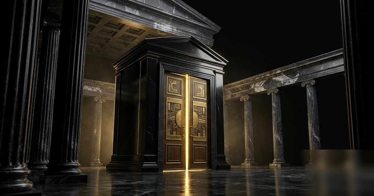 A single obsidian server monolith inside a Greek temple of black and gold marble, golden light sealed inside, the door shut, void-black background, cinematic, frameless, no text, no people, no UI, no 