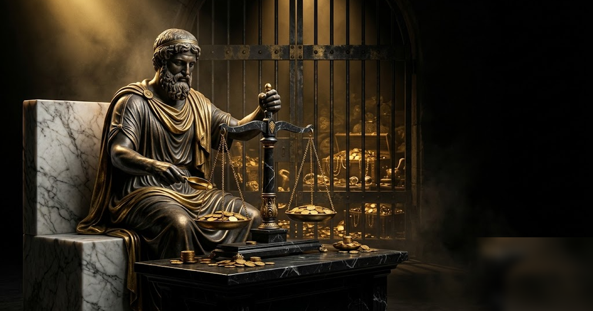 Plutus the god of wealth weighing golden coins on black marble scales, generational treasure behind a sealed gate, void-black and satin-gold, dramatic light, frameless, no text, no people, no UI, no w