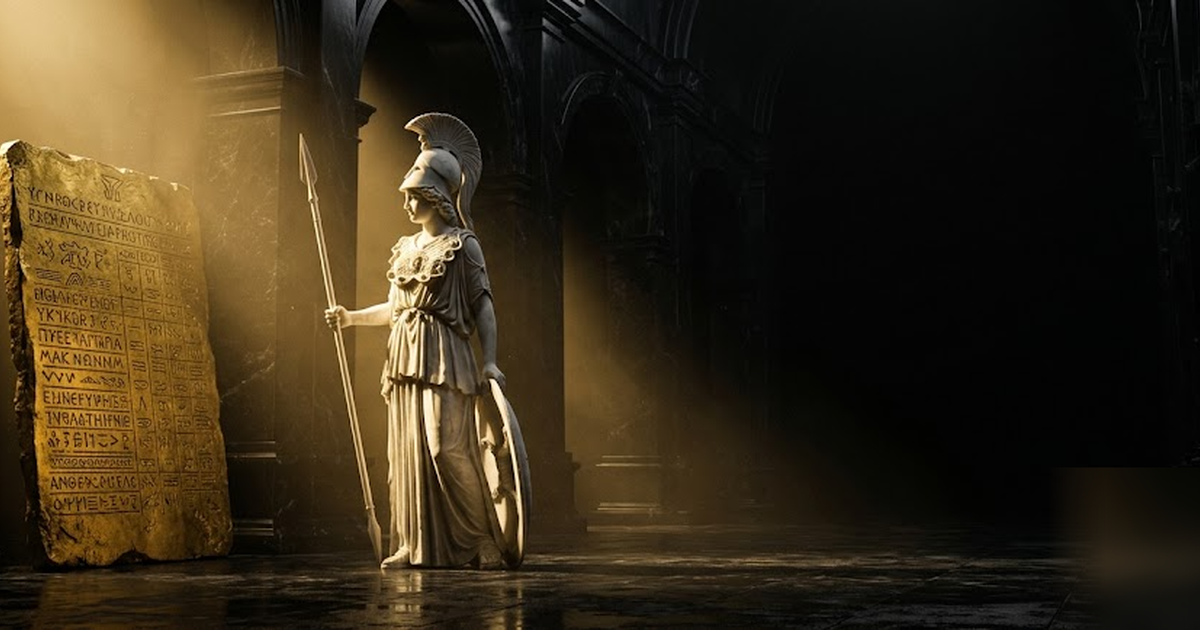 Athena standing before an inscribed golden tablet of an audit record, void-black marble hall, satin-gold light, cinematic and frameless, no text, no people in offices, no UI, no charts, no watermark