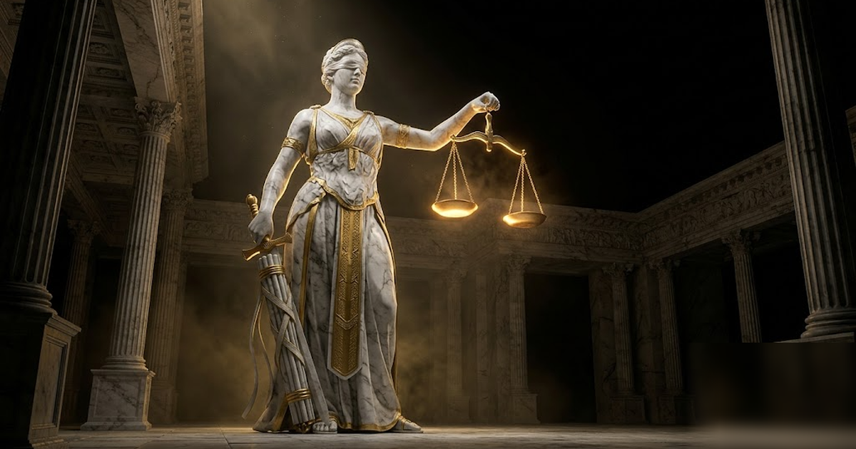 Cinematic Greek pantheon scene, Themis the goddess of justice and order in black marble and satin gold, holding glowing golden scales over a classical hall, void-black background, dramatic chiaroscuro