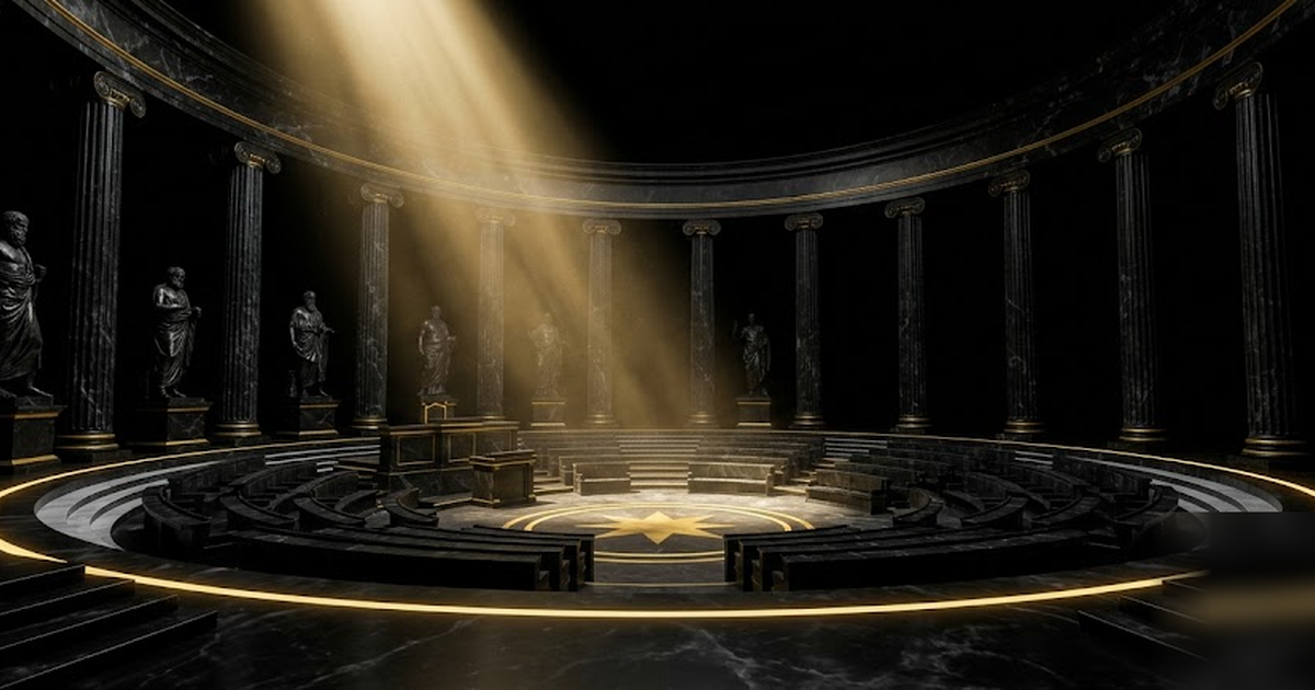 A grand Greek parliament of black marble columns under a single shaft of golden light, an unbroken ring of gold marking the boundary of the floor, void-black void beyond, cinematic, no text, no UI, fr