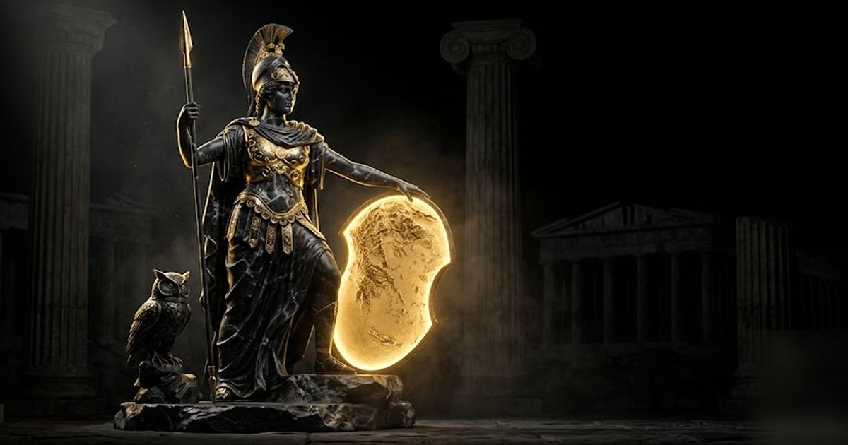 Athena as protector of the city rendered in black marble with gold-leaf armour, shielding a glowing golden map of a nation, owl at her side, classical columns fading to dark, cinematic, no text, no ch