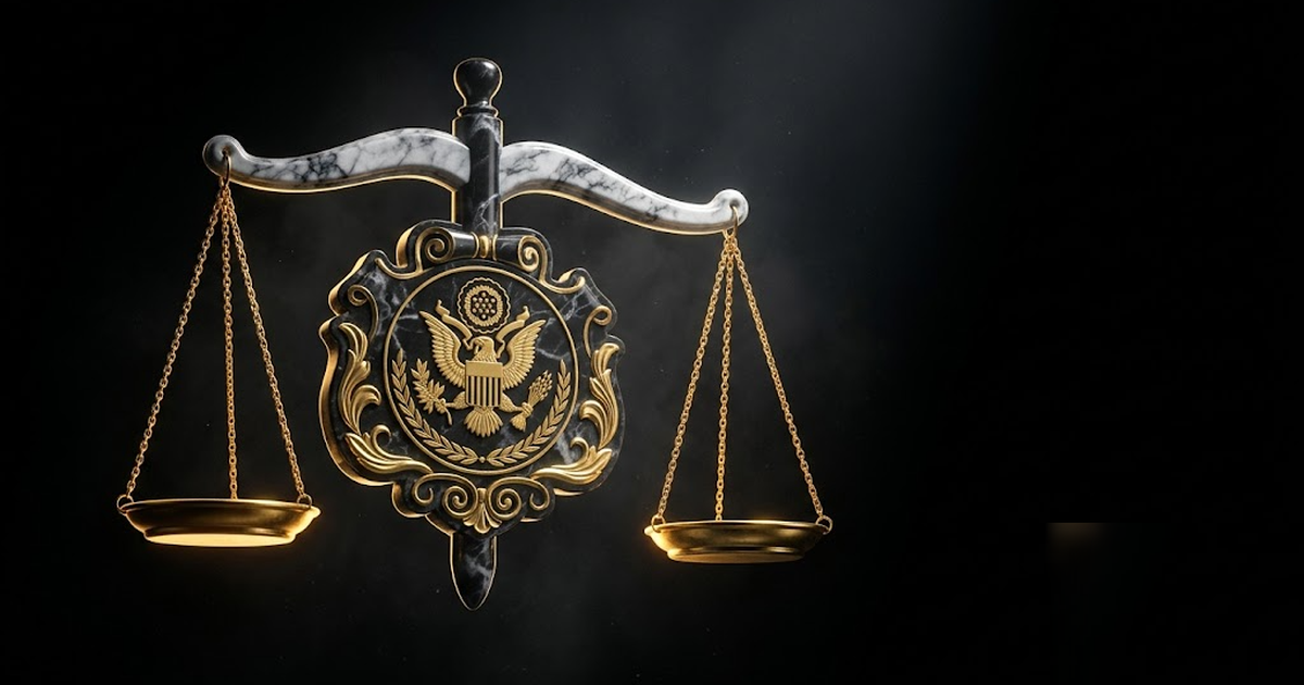 The scales and seal of state rendered as polished black marble inlaid with luminous gold, floating in pure void, single dramatic light source, cinematic and dignified, no text, no UI, no charts, frame