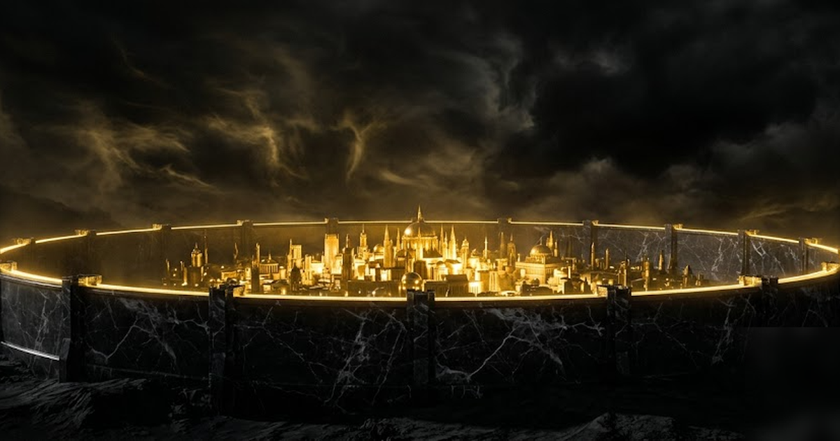 A black-marble border wall around a glowing golden city, the wall unbroken and luminous at its edge, stormy void sky above, satin-gold and void-black, cinematic and severe, no text, no people, framele