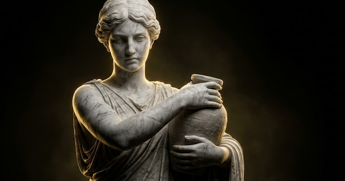 A colossal marble statue of a robed woman holding a sealed clay vessel close to her chest in shadow