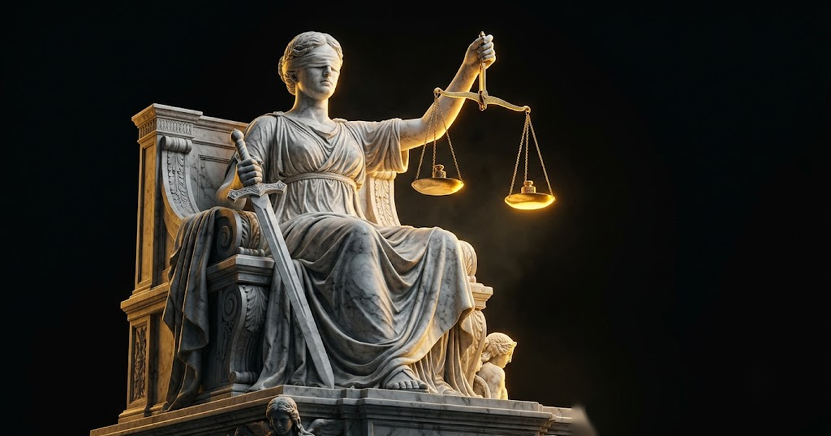 A colossal marble figure of an enthroned lawgiver holding twin balanced scales aloft in gold light