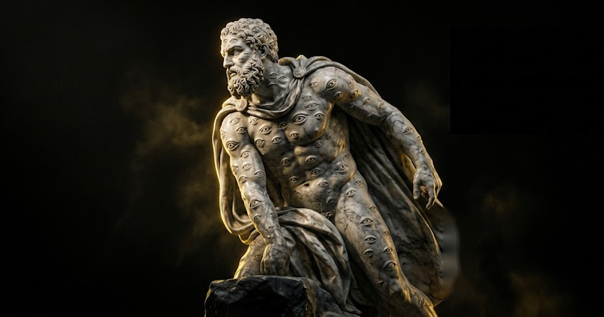 A colossal marble statue of a hundred-eyed watchman turning to survey the darkness around him