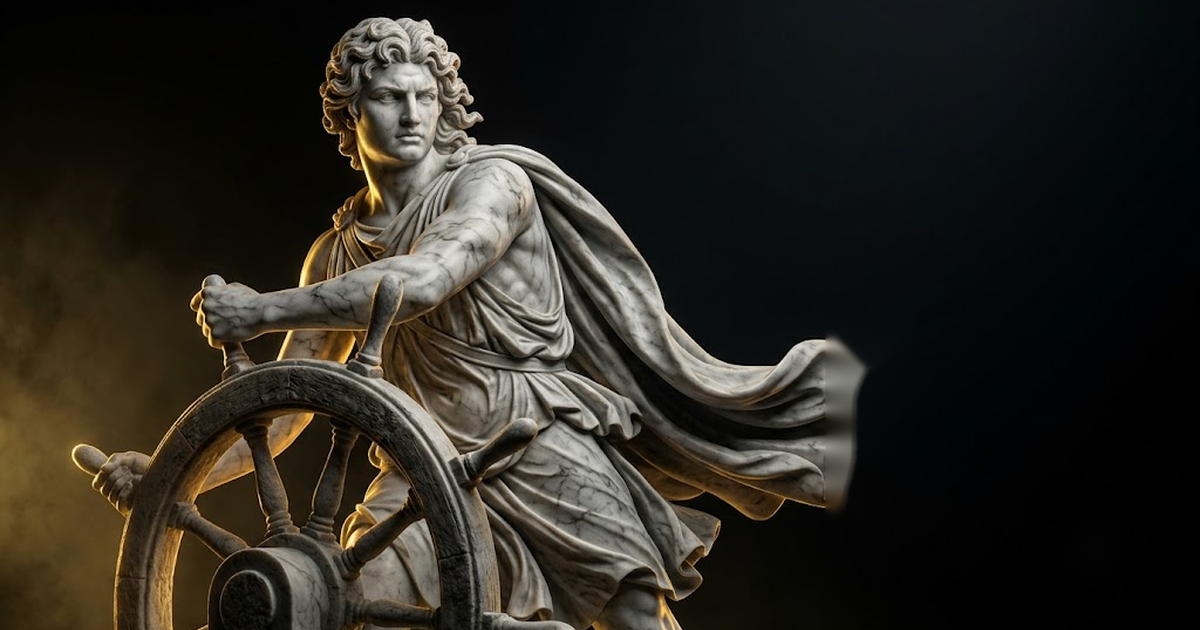 A colossal marble figure of a lone helmsman gripping a great ship's tiller against surging darkness
