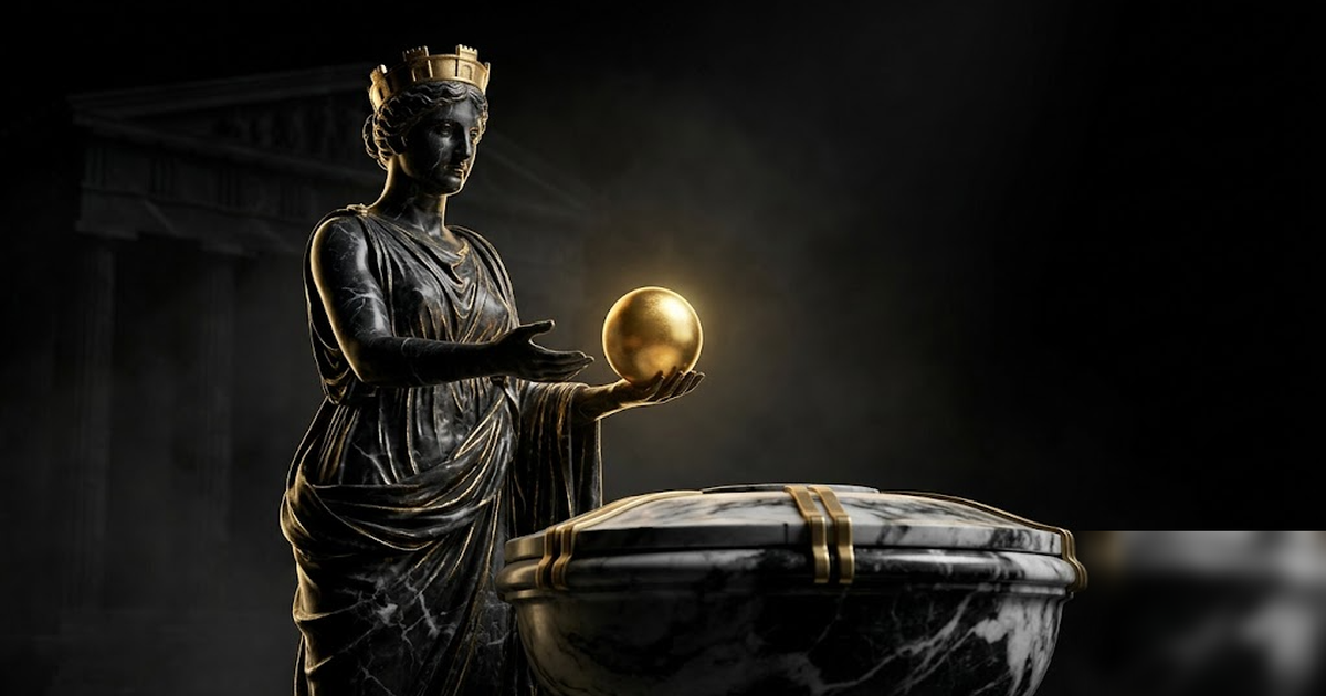 Cinematic Greek pantheon scene, Tyche the goddess of fortune in black marble and satin gold, balancing a glowing golden orb of fate over a sealed marble basin, void-black background, dramatic chiarosc