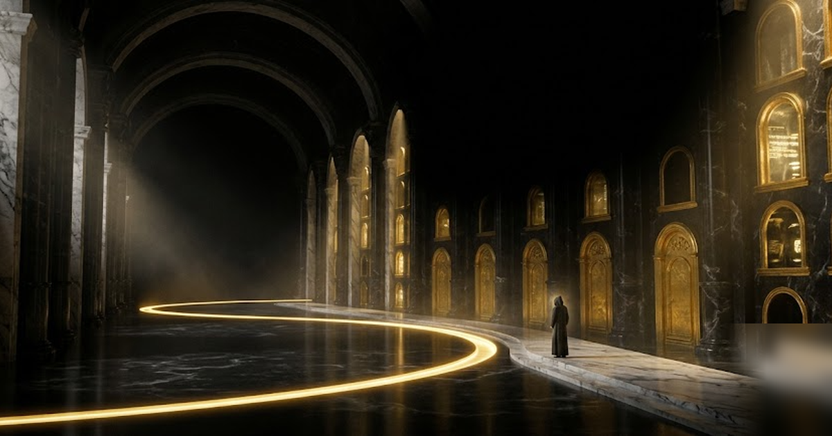 A black-marble hall of sealed golden vaults holding faint glowing records, an unbroken ring of luminous gold around the floor, void-black void beyond, cinematic, no text, no UI, frameless, no watermar