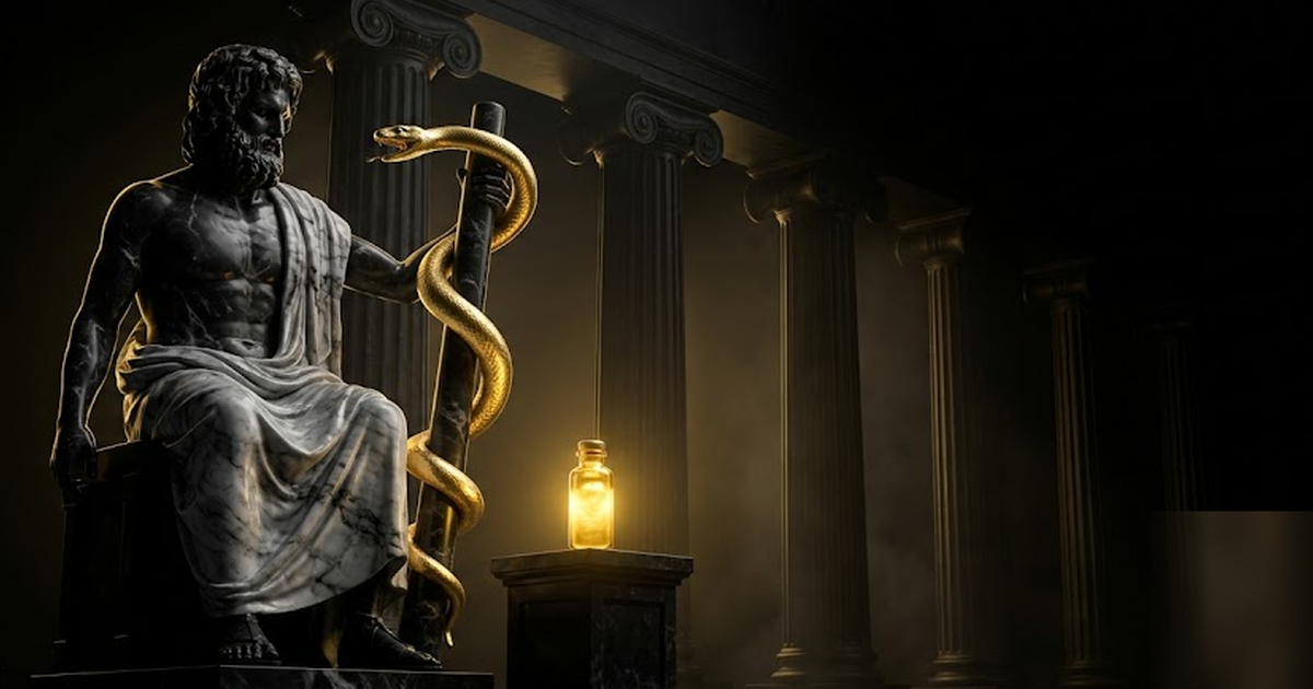 Asclepius and the rod, rendered in black marble with gold-leaf serpent, guarding a single glowing golden vial of protected knowledge, classical columns fading to dark, cinematic, no text, no charts, f