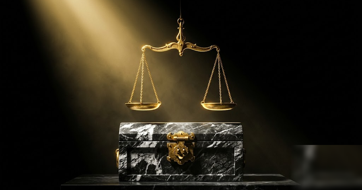 A single golden balance scale poised over a sealed black-marble chest, glowing faintly in pure void, one dramatic shaft of light, satin-gold and void-black palette, cinematic and severe, no text, no p