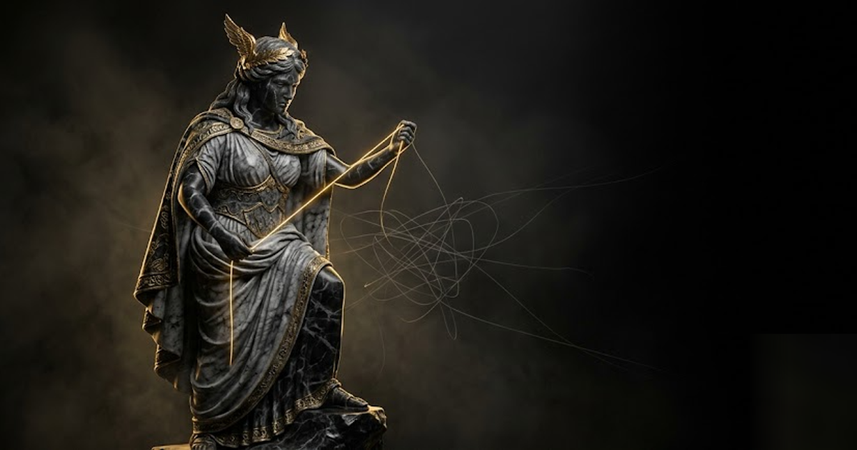 Nemesis the goddess of retribution in black marble and gold, drawing a sharp golden thread through a tangle of faint lines, watchful and still, void-black surround, cinematic, no text, no UI, no chart