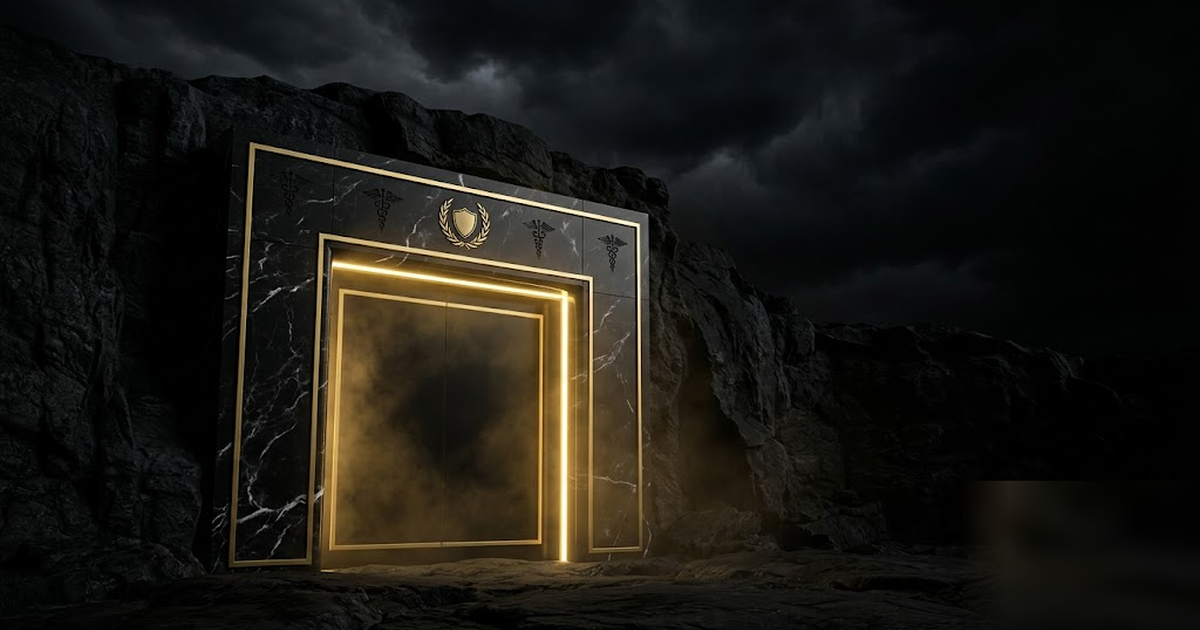 A black-marble strongroom of medical and claims records, its golden-edged door seamless and sealed, glowing from within, stormy void above, satin-gold and void-black, cinematic and dignified, no text,