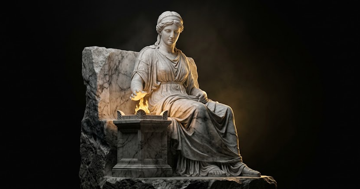 A colossal marble statue of Hestia seated beside a low guarded hearth, lit by gold light against black
