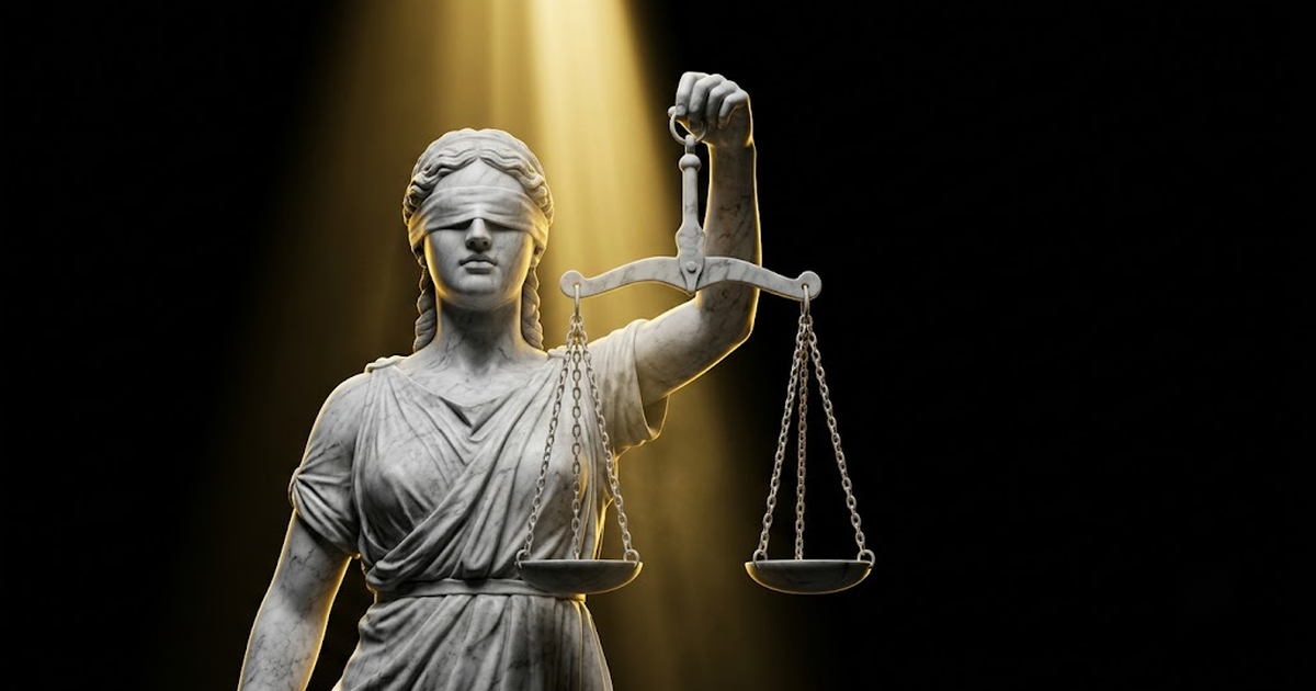 A colossal marble statue of Themis holding raised balanced scales, lit by a gold shaft against black